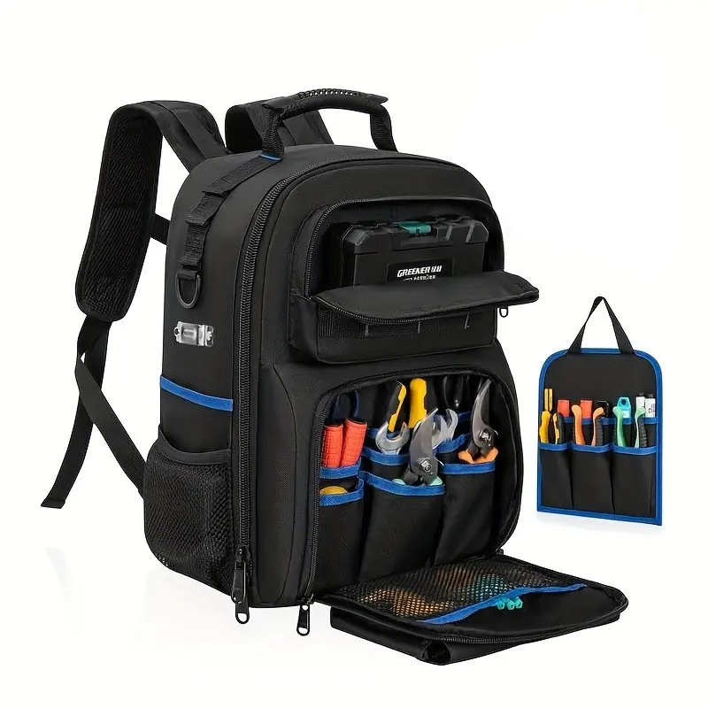 Tool Backpack, Thick Shoulder Straps, Detachable Tool Pockets, Waterproof Work Bag, Ideal for Electricians