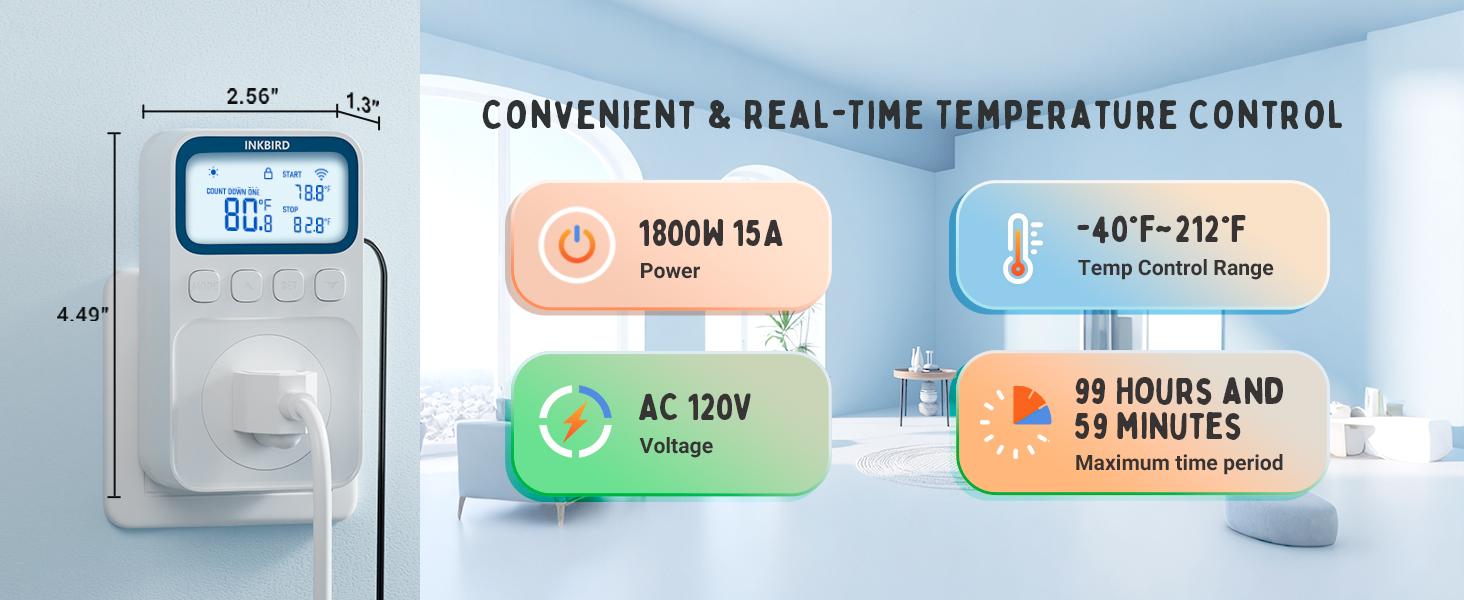 Plug in Thermostat WiFi 1800W 15A Heating Cooling Timer Countdown Mode