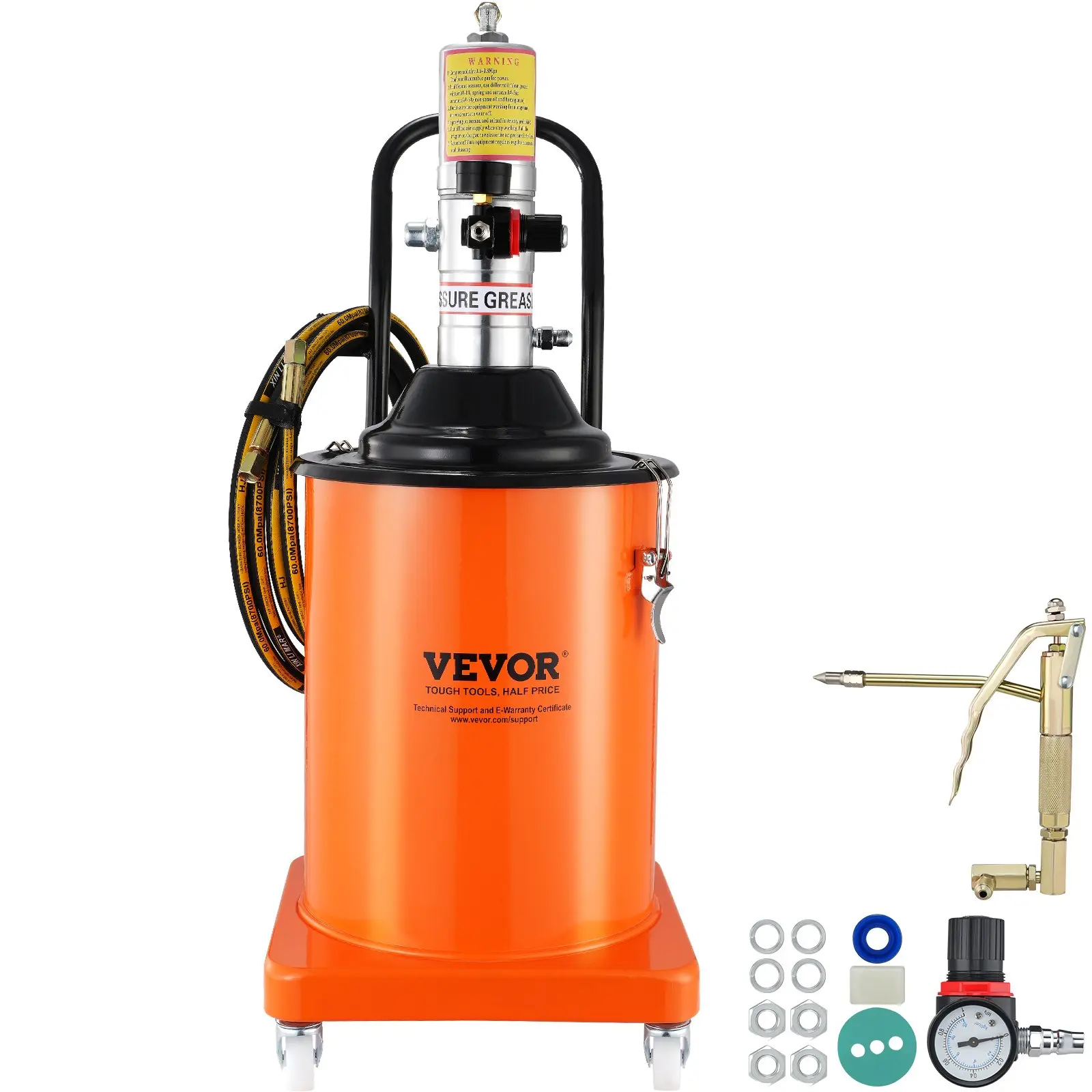 VEVOR Grease Pump, 5 Gallon 20L, Air Operated Grease Pump with 13 ft High Pressure Hose and Grease Gun, Pneumatic Grease Bucket Pump with Wheels, Portable Lubrication Grease Pump 50: 1 Pressure Ratio