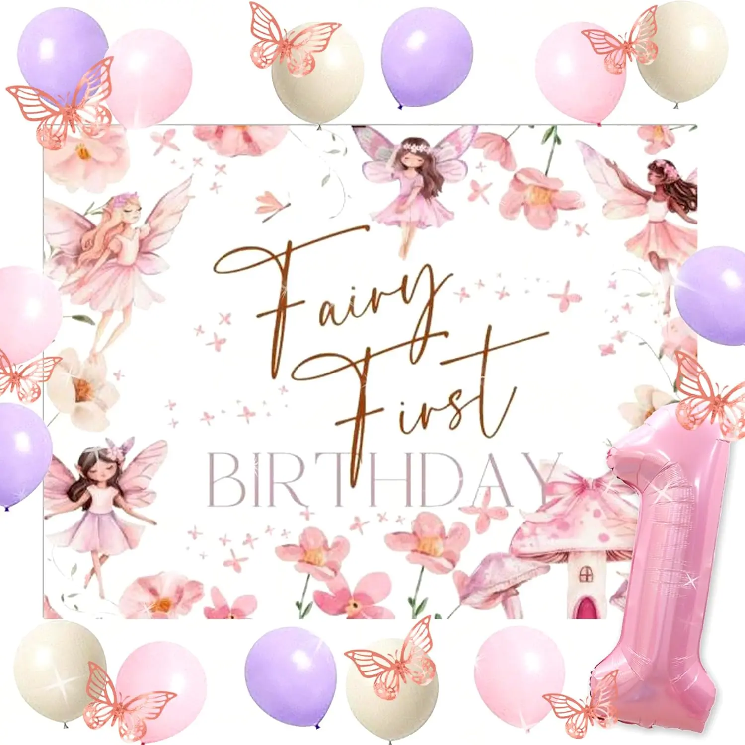 Girl's 1st Birthday Fairy Garden Decor Kit - Floral Banner, Butterfly Backdrop, Balloon Set, Flower-Infused Multi-Item Kit for Fairy Forest-Themed Celebration