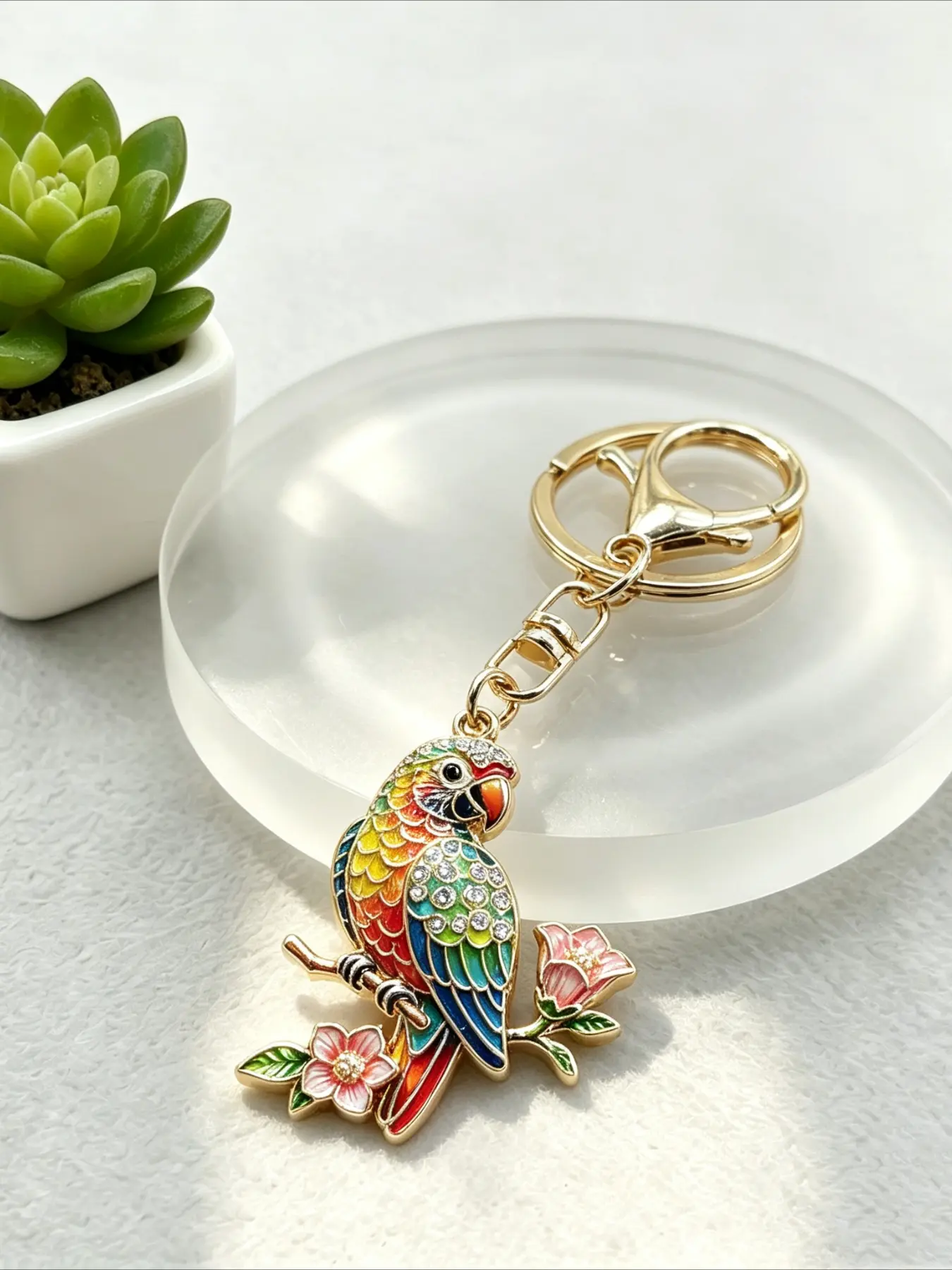 Rhinestone Colorful Parrot Flower Keychain Tropical Bird Floral Key Ring,Bag Charms Pendant for Car Backpack Purse, Elegant Jewelry Gift
