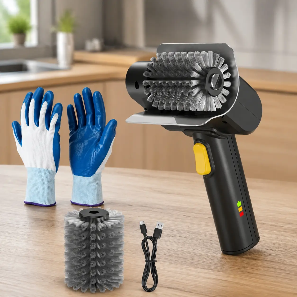 Electric Grill Brush with Gloves Stainless Steel Wire BBQ Cleaning Tool Handheld Rechargeable Grill Scraper Cleaner Set with Light for Outdoor Cooking Smoker Practical Gift for Men Dad Friend