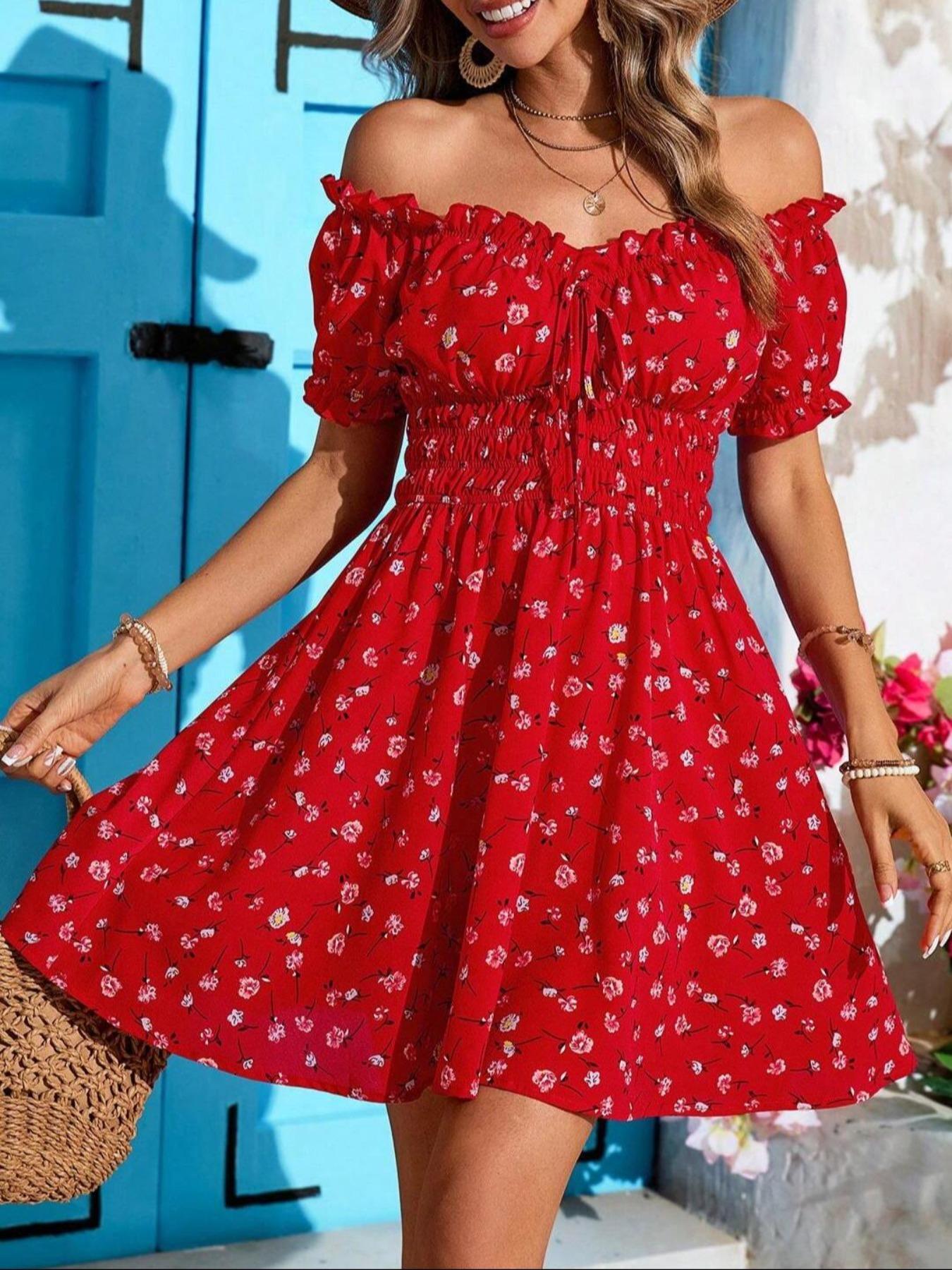 Women's Floral Print Off Shoulder Dress, Elegant Fashion Casual Short Dress for Daily Outdoor Wear, Casual Everyday Wear, Women's Dress for Summer