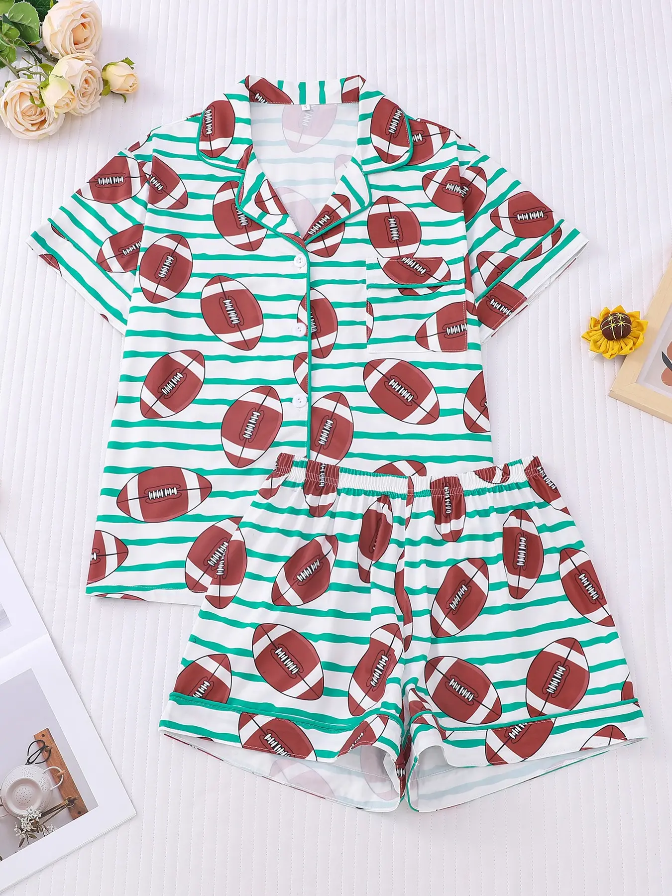 Women's 2-piece pajama set, Aesthetic, with white green stripes & football prints, sporty casual vibe with green contrast piping, lapel short sleeve top with chest pocket, elastic waist shorts, soft comfy fabric for all-season daily home loungewear Pjs