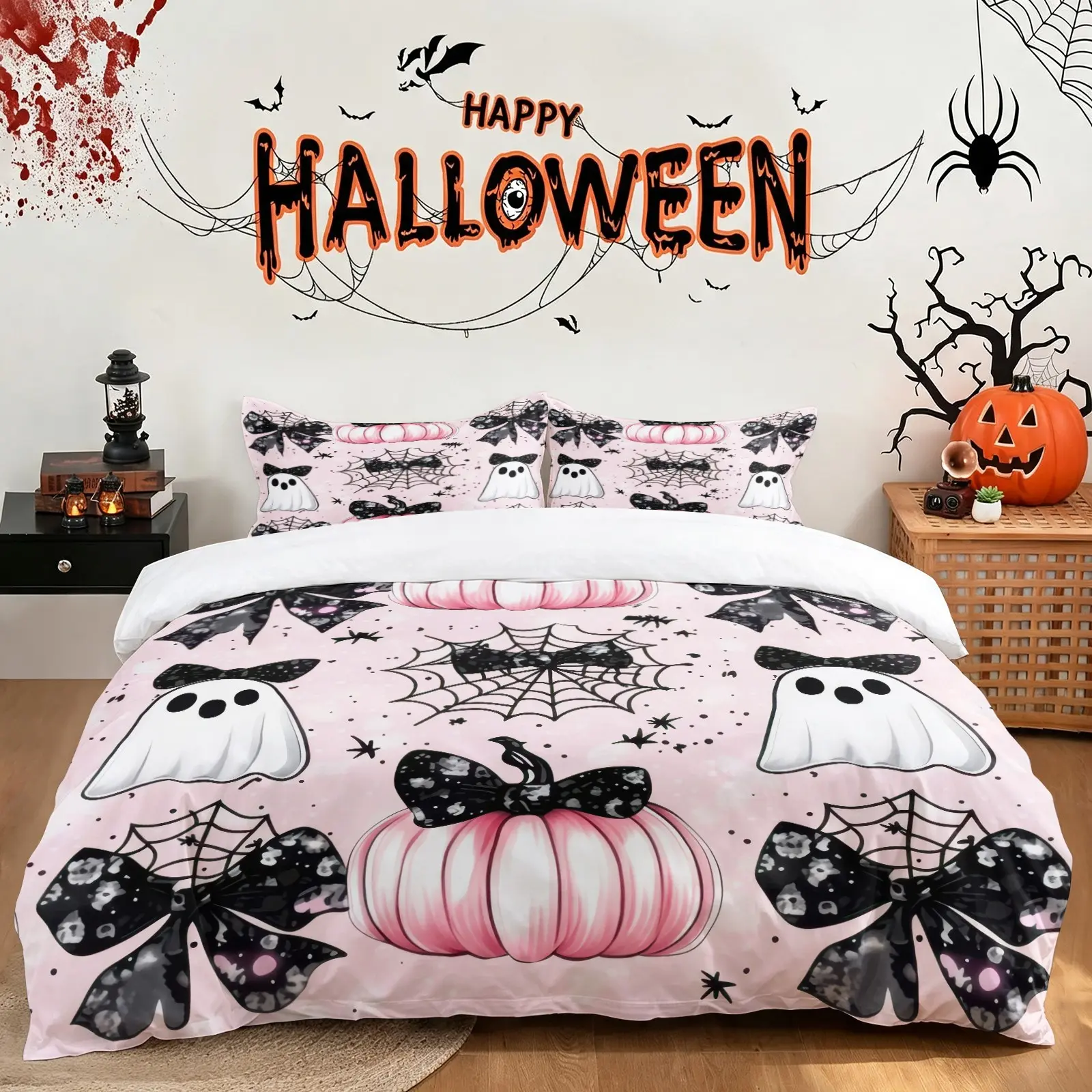 Coquette Pink Halloween Duvet Cover Set (1 Duvet Cover + 1-2 Pillowcases), Soft Skin-Friendly Breathable Microfiber Fabric, HD Digital Non-Fade Print, Bow Spider Web Ghost Pink Pumpkin Pattern Bedding for Bedroom Dorm Halloween Decor