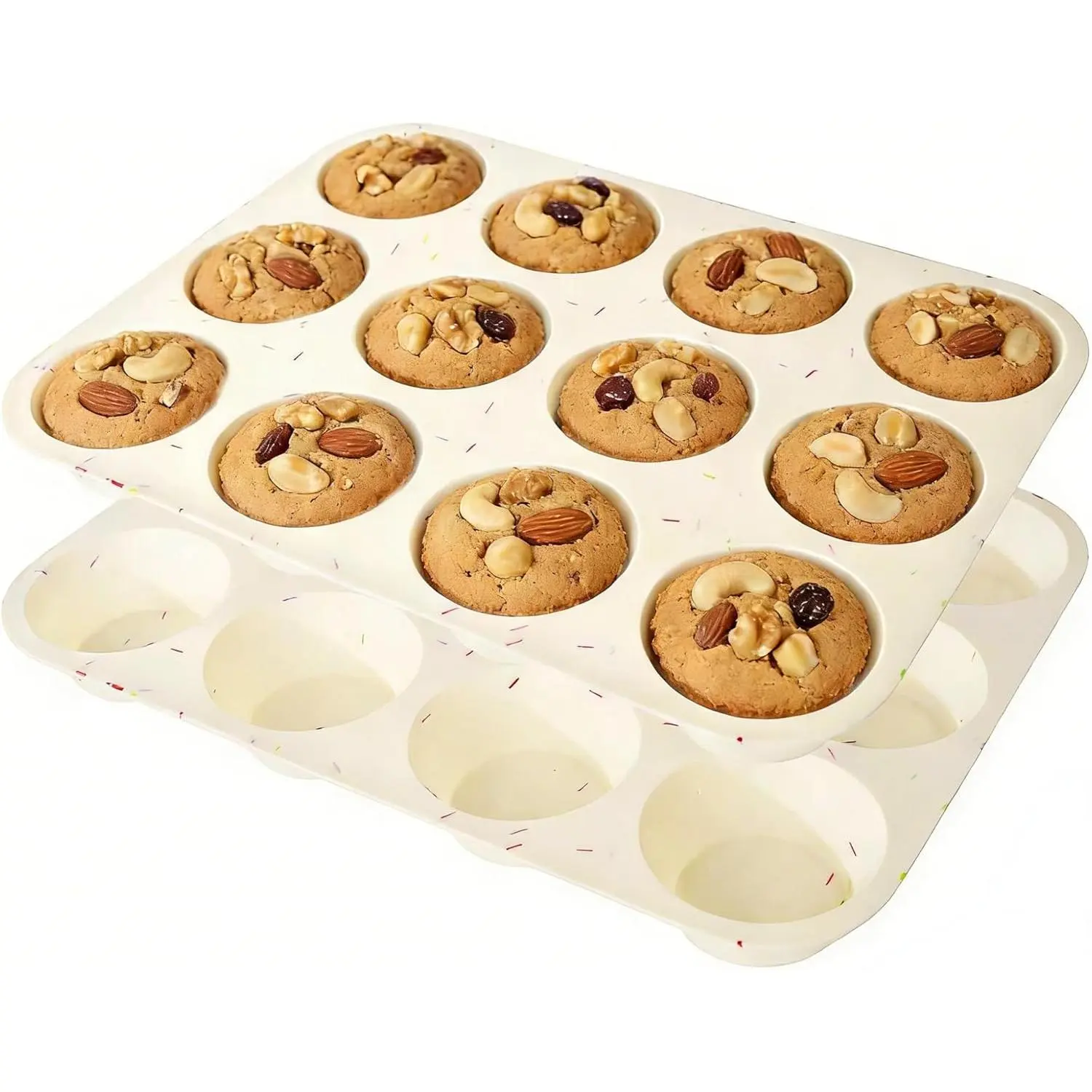 12-Cup Food-Grade Non-Stick Silicone Muffin Trays 2-Pack - Flexible Cake Pans with Shaped Lines, Dishwasher-Safe Oven & Freezer Baking Molds (White)