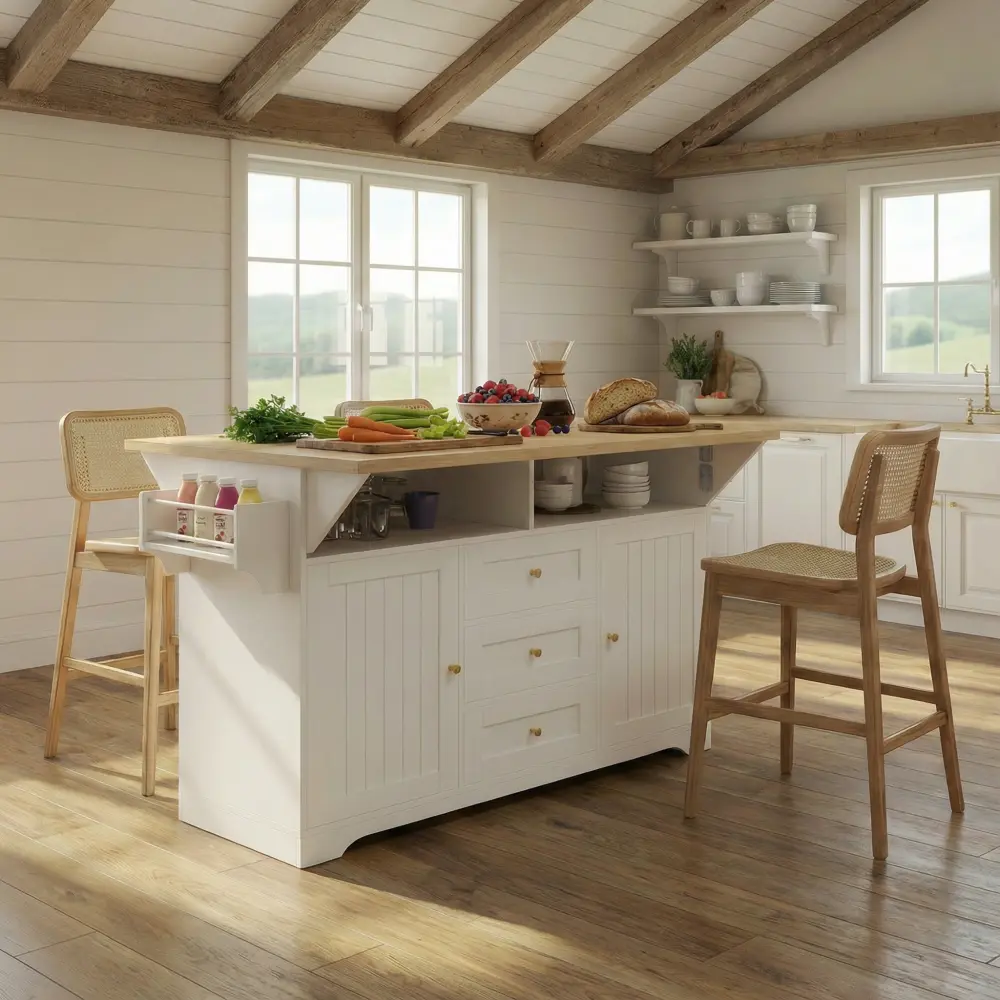 Large Kitchen Island with 2 Drop Leaf,Rolling Kitchen Cart on 5 Wheels with Power Outlet,Folding Storage Dining Table with Spice & Towel Rack , 3 Drawers, for Kitchen, Dining Room,White