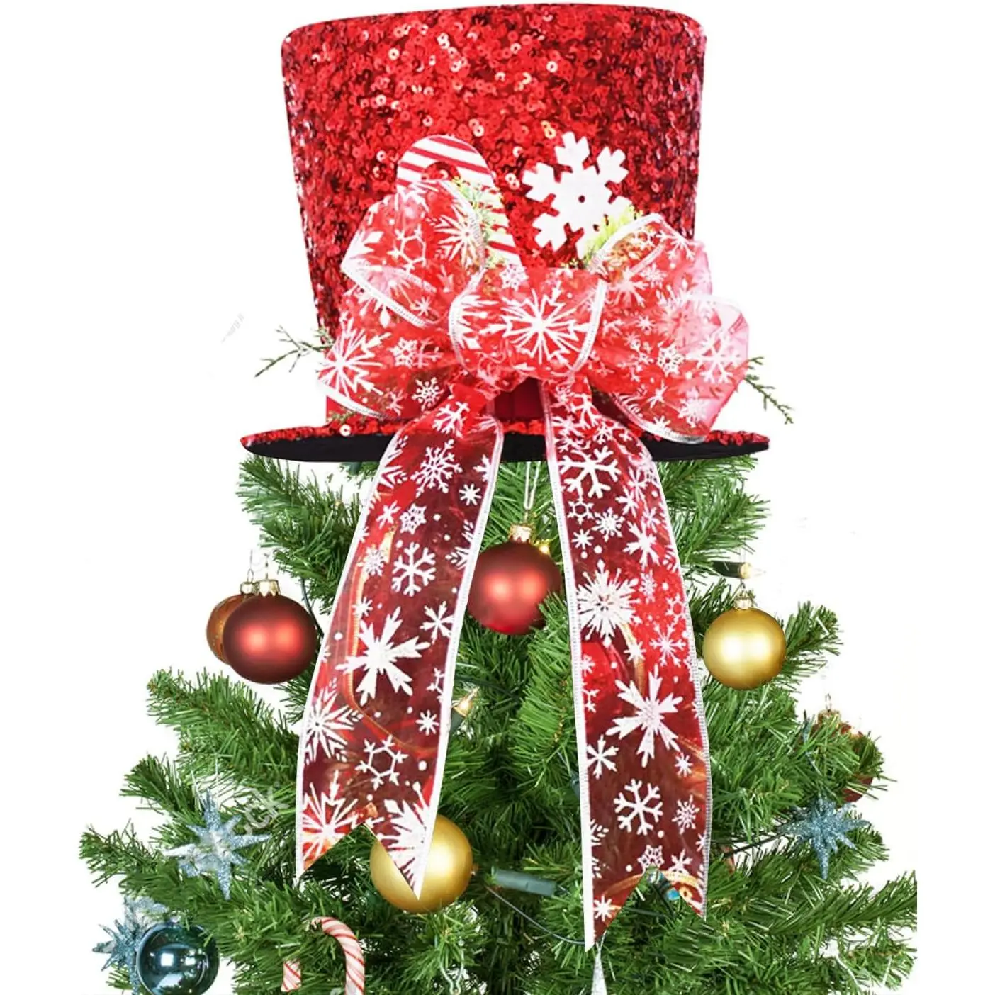 Christmas Tree Topper Hat, 2025 Red Candy Cane Bow Christmas  Toppers with 6.5ft Ribbon Light, Shiny Xmas Santa Tree Toppers Christmas Decorations for Holiday Decor