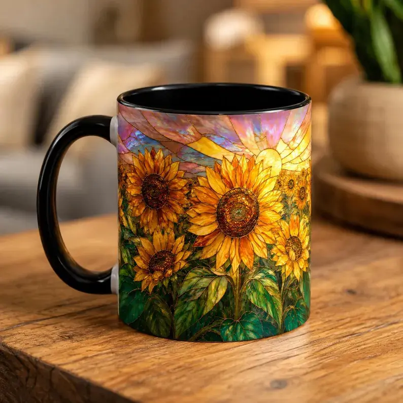 Sunflower Field Mug, Stained Glass Sunflowers Sunrise Accent Coffee Mug, 11oz 15oz Glossy Ceramic Drink Cup, Vibrant Sunflower Field Art Print, Beautiful Sunrise Landscape Design, Classic Stained Glass Mosaic Style