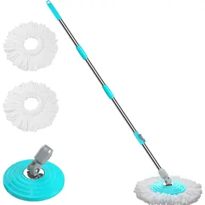 Stainless Steel Extendable Mop Handle with 2 Microfiber  Heads & 360? Rotating Base Plate -- Fits Standard Mop Buckets -Blue