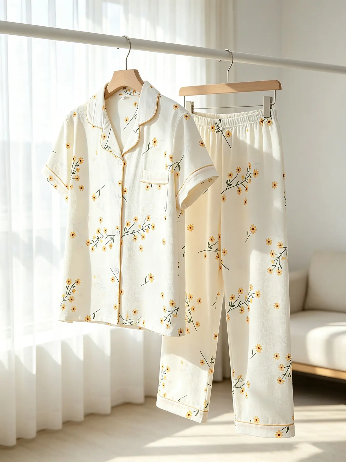 Women's Button-Down Short Sleeve Top & Long Pants Pajama Set, All Over Yellow Floral Print, White Base, Yellow Piping, Front Pocket, All Season Wear, Comfortable Cozy Soft Aesthetic Loungewear Pyjamas