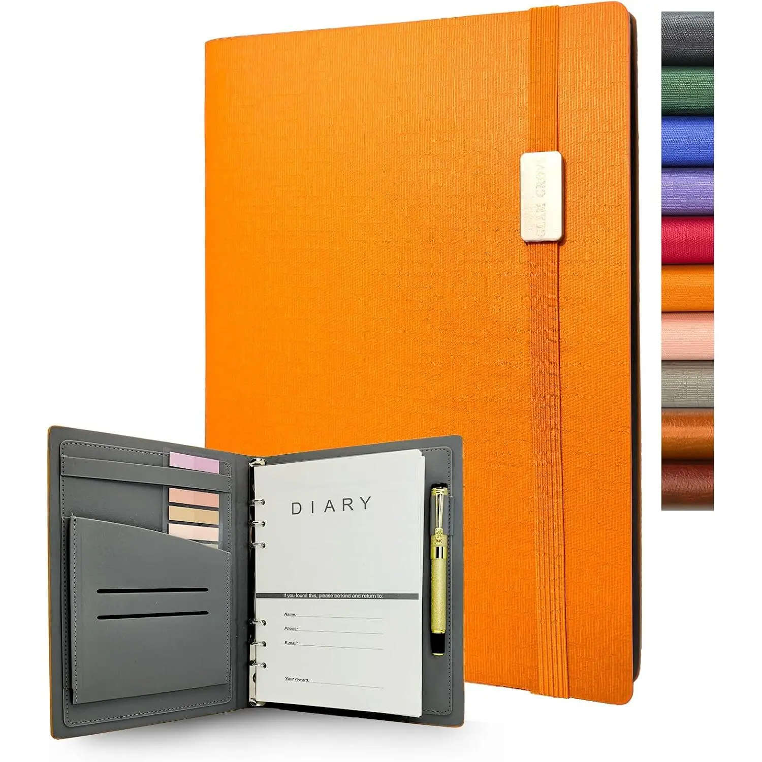 A5 6-Ring Leather Binder Journal Notebook with Index Tabs, Refillable Hardcover, Pen Loop, 160 Pages 100G Thick Paper for Work & School (Orange)