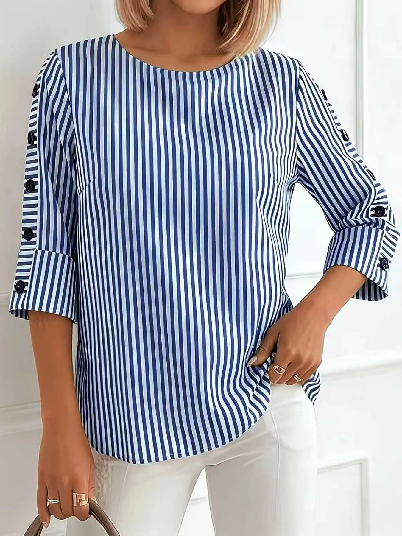New Spring & Fall Fashion Striped Print Round Neck Women's Shirt, Elegant Office Wear, Fitted 3/4 Sleeve Top for Ladies, Blouse Shirt