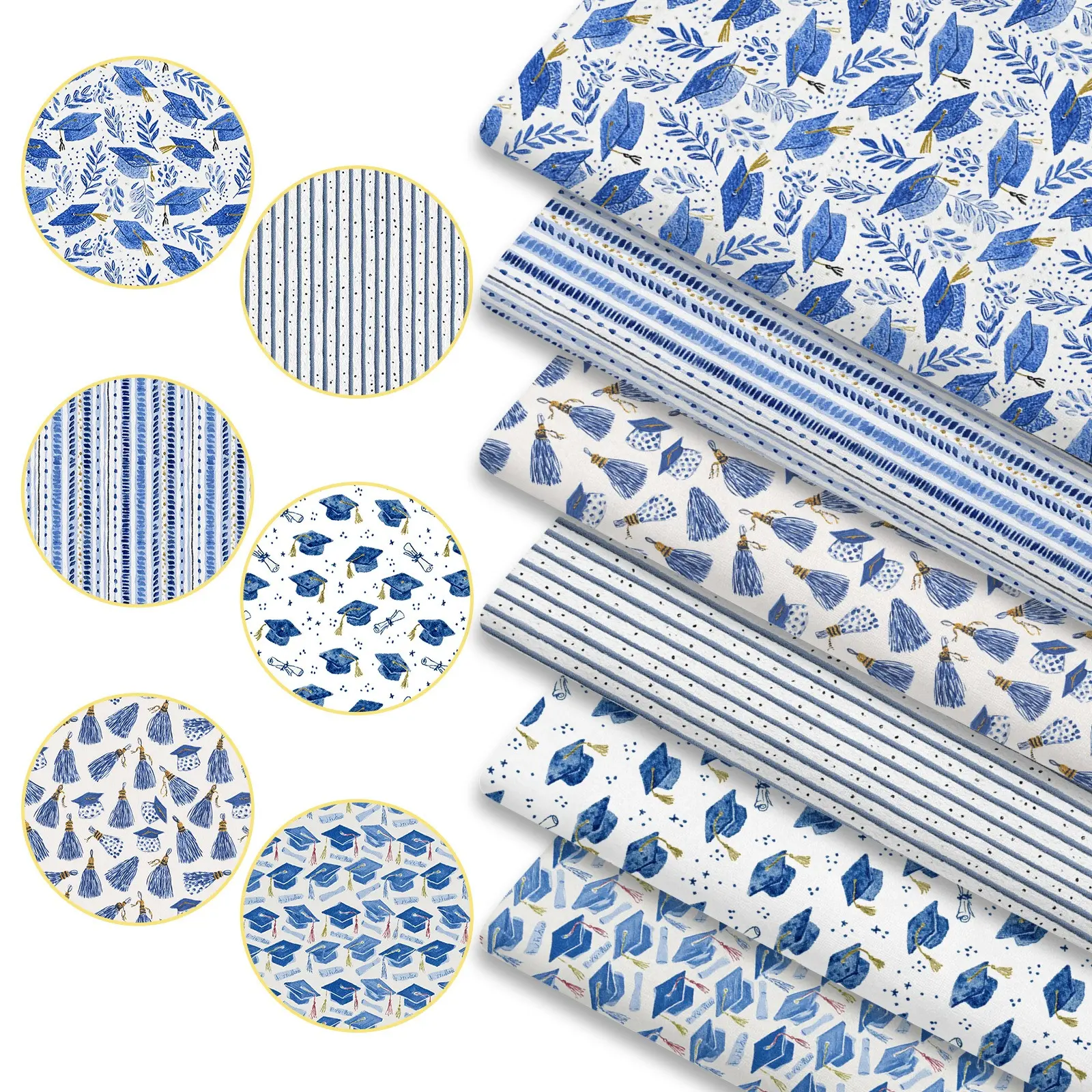 6pcs Graduation Season Print Fabric Bundles, 45cm*50cm/17.72in*19.69in Class of 2026 Hand-Drawn Doodle Fabric Squares for Quilting, Patchwork Sewing Material for Bedding, Tablecloth, Bags, Headbands, Pillowcases