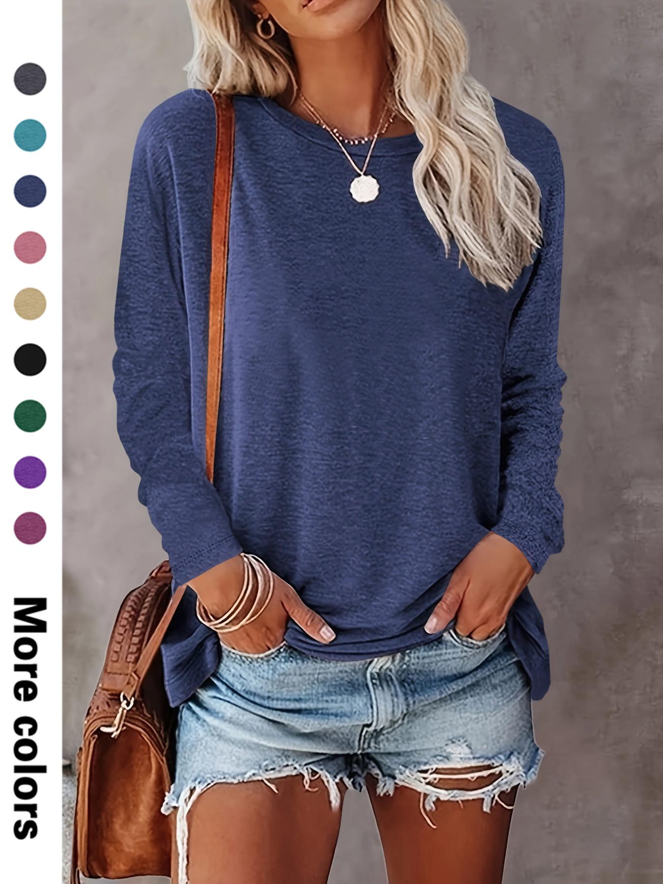 Women's Plain Round Neck Essential Breathable Fabric Tee, Casual Fitted Long Sleeve Crew Neck T-shirt for Spring & Fall, Fashion Women's Top for Daily Wear Piece
