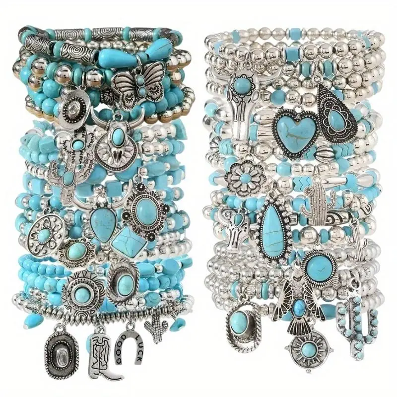 14/34pcs Western Style Turquoise Bullhead Hat Multi Layer Elastic Thread Bracelet for Women Multi Piece Set Beaded Party Bracelet Packs