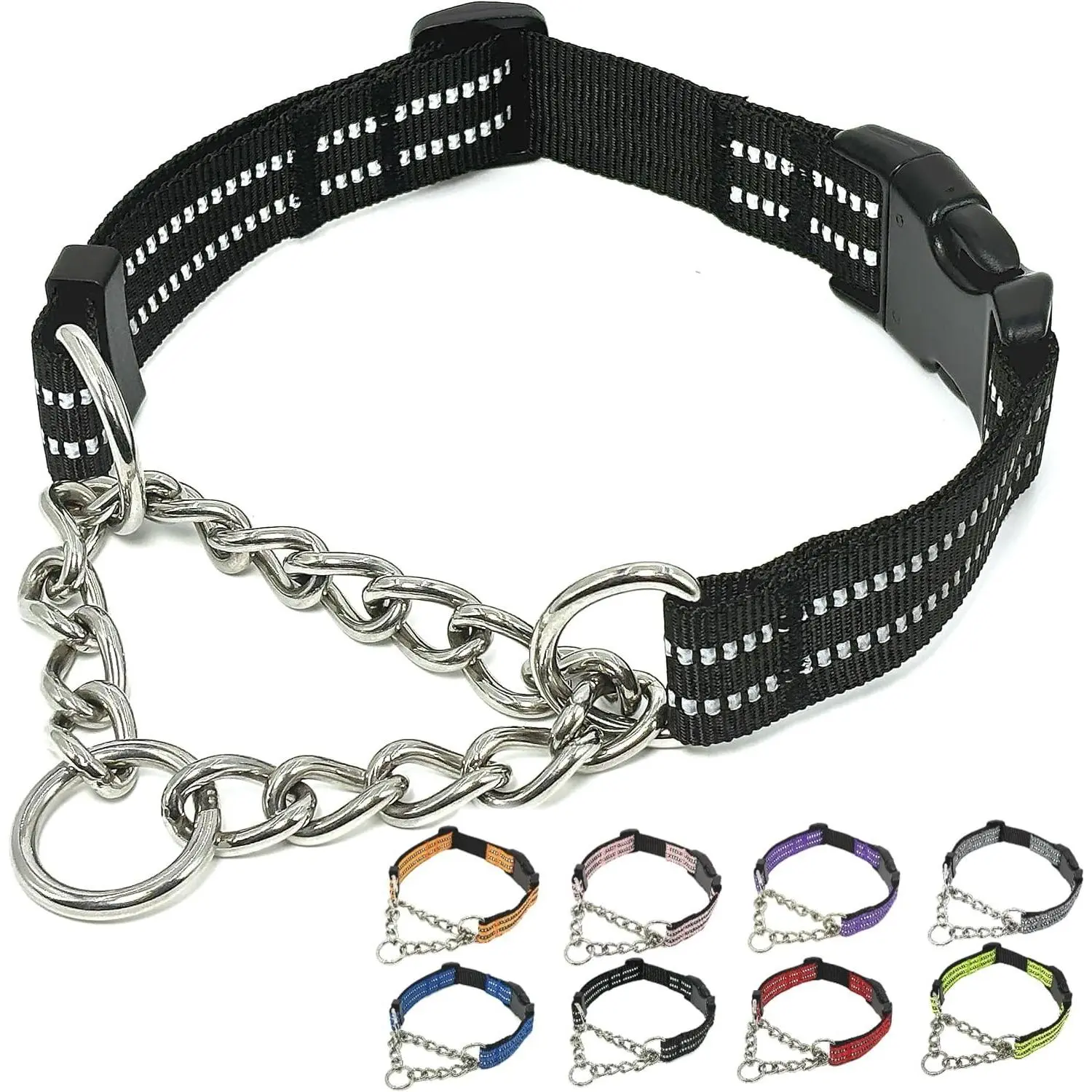 Martingale Dog Collars, Reflective Nylon Collar with Stainless Steel Chain, Adjustable Walking Training Dog Collars with Quick Release Buckle, Suitable for Small Medium Large Dogs(Black,M)