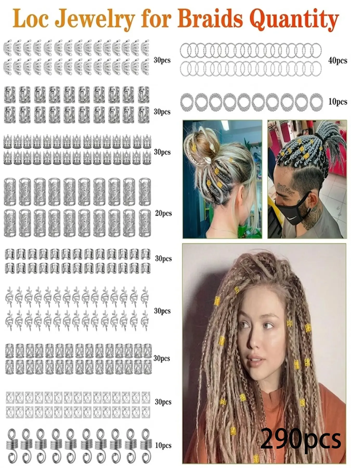 290 Pcs Gold/Silver Dreadlock Hair Jewelry Set, Stainless Steel Braids Hair Cuffs, Hair Rings and Pendants, Multi-Style Metal Loc Hair Accessories with Storage Box for Women and Men