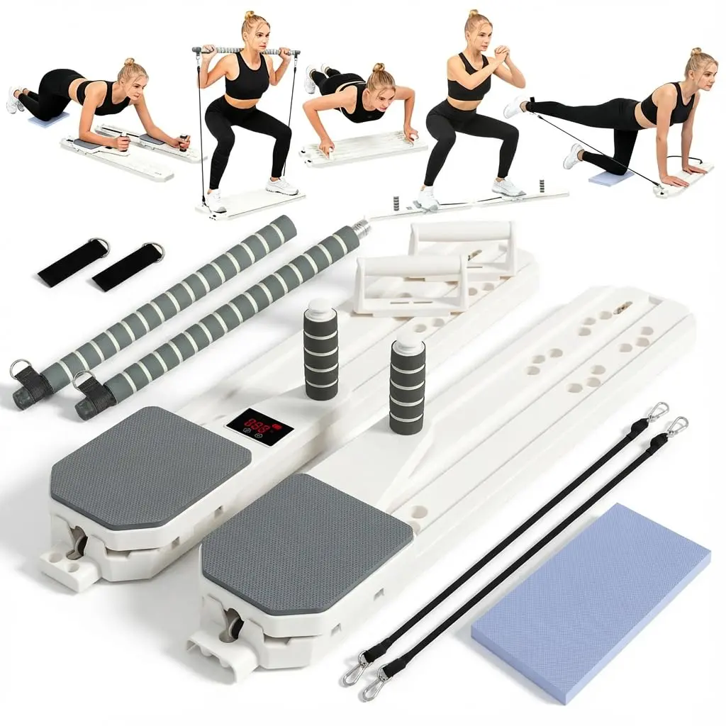 7-in-1 Portable Pilates Training Board Set, Home Gym Workout Equipment with Resistance Bands, Handles, Anti-Slip Pads – Compact Exercise Fitness Gear for Full-Body Home Workout, Compact Exercise Equipment, Unisex