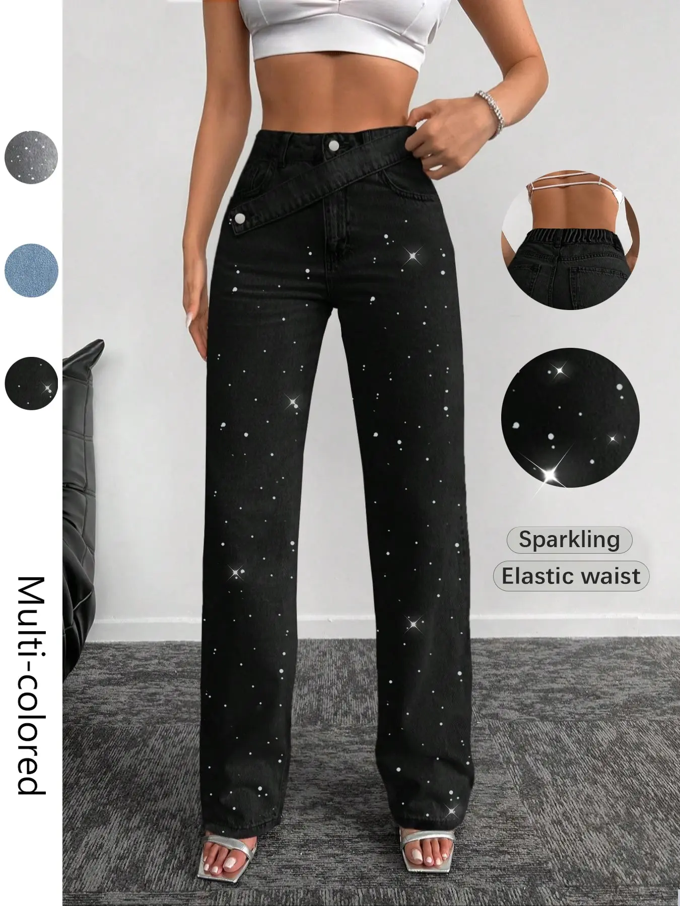 Women's Latest Rhinestone Denim Fit Straight Leg Casual Pants Bottoms, Multiple Colors, Elastic Waist, Comfortable High-Waisted, Washed Long Jeans, Casual Design Jeans