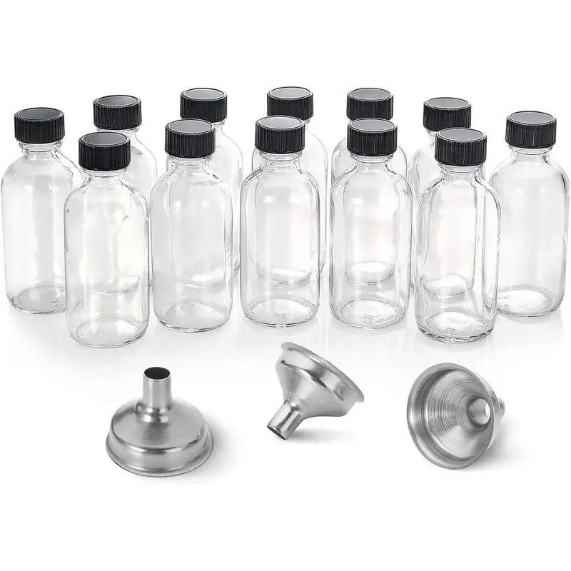 12 Pack, 2 oz Small Clear Glass Bottles with Lids & 3 Stainless Steel Funnels - 60ml Boston Sample Mini Travel Essential Bottles for Potion, Juice, Wellness, Ginger Shots, Whiskey, Liquids