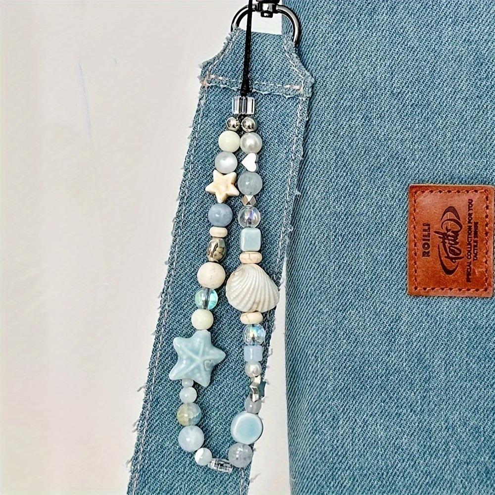 [Cute Charm] Blue Star Seashells Beaded Phone Strap | For Woman Girl | Cute Charm Chain Flower Phone Lanyard Keychain | For iPhone Case