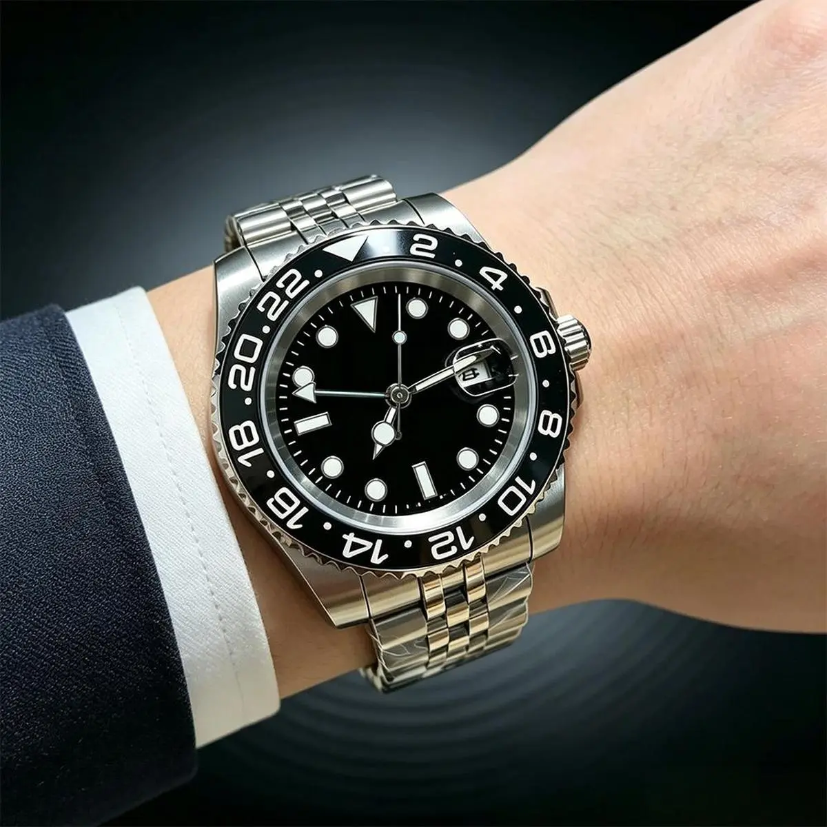 Men’s GMT Luxury Watch Black Ceramic Bezel Jubilee Stainless Steel Bracelet Luminous Dive Wristwatch Business Daily Wear watch for men gift