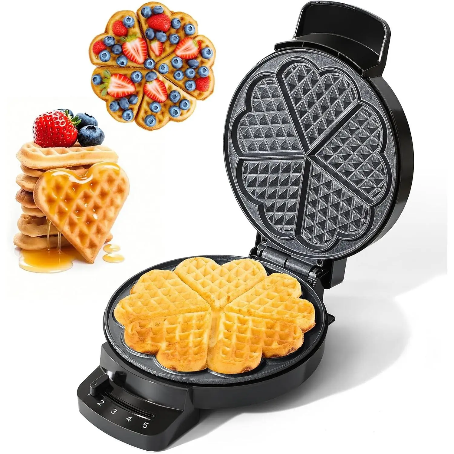 Heart Shaped Waffle Maker 5 Slices with 8'' Non-stick Plates, Gift, 1000W | Heart Waffle Maker with Temperature Control, Cool Touch Handle, Easy to Clean, Valentine's Day, Black