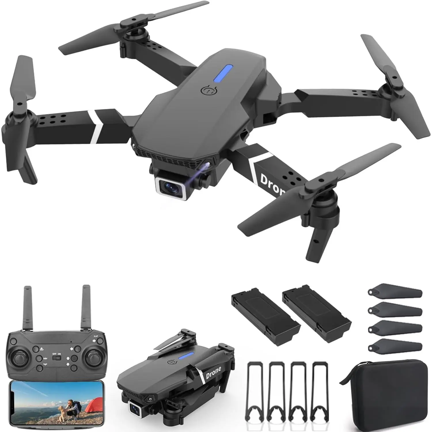 E99 drone equipped with camera, suitable for adults, beginners, and teenagers. Foldable remote-controlled quadcopter toy drone, gift, comes with 2 batteries and carrying case