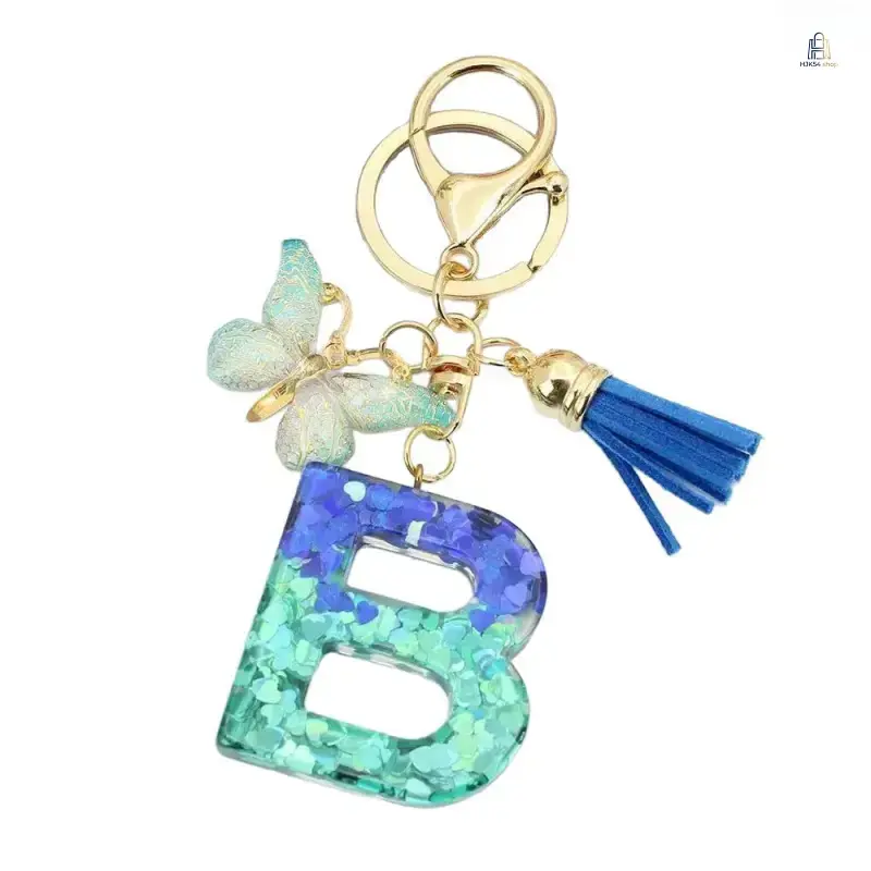 Women's 2026 New A-Z Blue Glitter Alloy Letter Shape Resin Initial Keychain, Sparkly Alphabet Key Ring with Butterfly Tassel, Cute Bag Charm, Car Key Holder, Birthday Gift Ideas, Bridesmaid Present