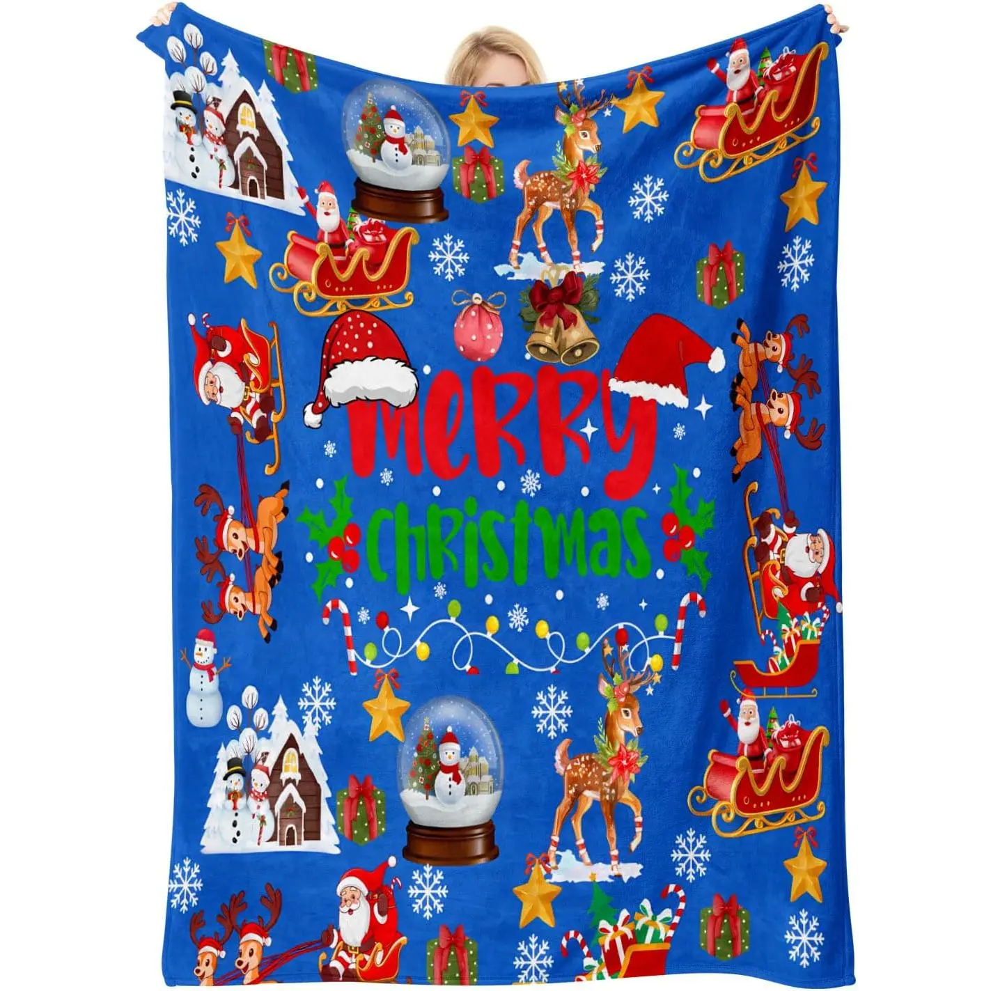 Blue Merry Christmas Fleece Throw Blanket,Santa Sleigh Reindeer Snowman Snow Globe Festive Pattern,Warm Winter Holiday Decor Blanket for Sofa Couch Bed,Perfect Christmas Gift for Family Friends Home Decoration,Home Essentials,Back To School, Polyester