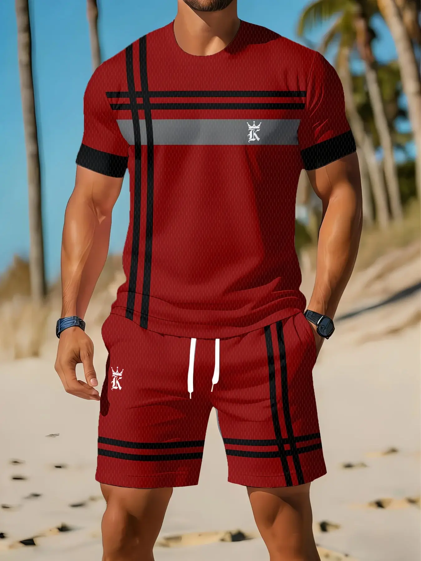 Men's 2 Piece Graphics Stripe Outfit, 3D Printed Crew Neck Short Sleeve Tee and Shorts Set, Casual Summer Streetwear Style, Perfect for Hot Weather, Menswear