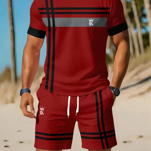 Men's 2 Piece Graphics Outfit, 3D Printed Crew Neck Short Sleeve Tee and Shorts Set, Casual Summer Streetwear Style, Perfect for Hot Weather, Summer Clothes, Menswear