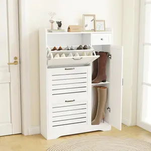 Narrow Freestanding Deodorizing Wooden Shoe Storage Cabinet with Flip Drawers Closing Doors Adjustable Interior Shelves Slim Hidden Boot Storage Organizer Shoe Rack Cabinet for Entryway Closet Hallway