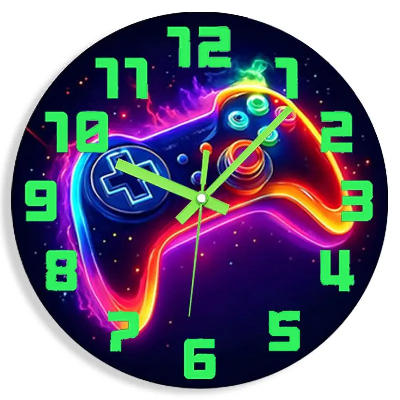 Neon Game Controller Themed Silent Luminous Wall Clock, Digital Clocks for Bedrooms, Black Acrylic Mirror Surface, Digital and Hands, for Bedroom/Living Room/Kitchen, Perfect Holiday Gift for Movie Lovers