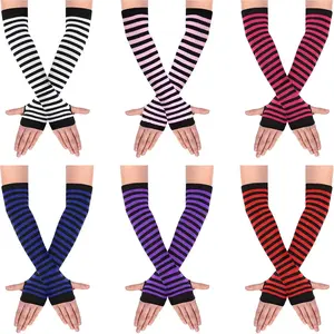 6 Pairs Long Fingerless Gloves for Women, 13-Inch Knit Striped Arm Warmers with Thumb Hole, Stretchy Elbow-Length Sleeves for Y2K Fashion, Biking, Motorcycle Riding, Festivals, Cosplay & Everyday Wear
