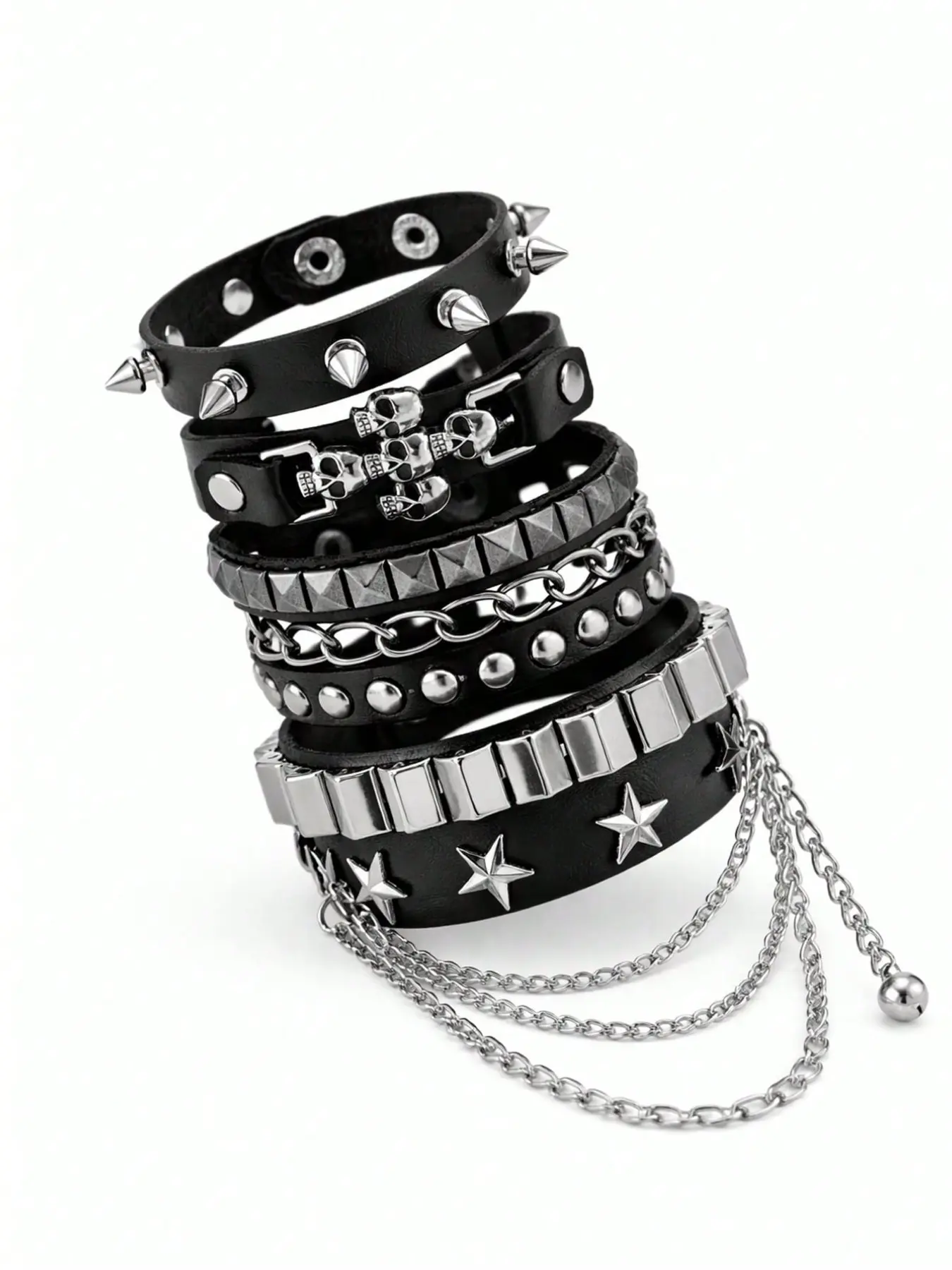 4pcs PU Leather Rivet Punk Style Bracelet Combination Set, Suitable For Men And Women, Gothic Spiked Rivet Adjustable Wristband, Suitable For Halloween Party Accessories, Wrist Decor, Holiday Bracelet, Gothic Style Rivet Bracelet, Punk Rock Style