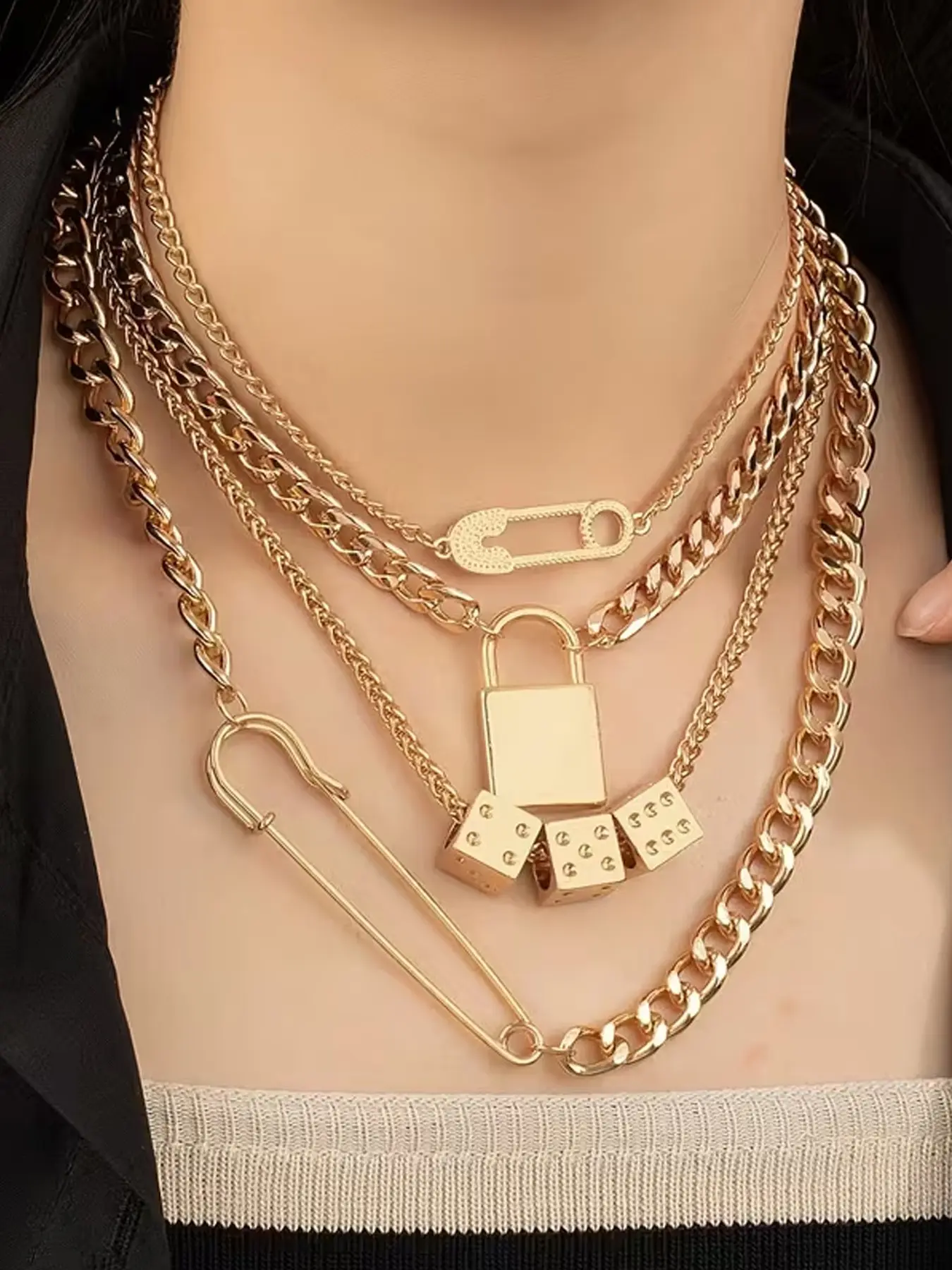 Women's Fashion Multi-Layered Stylish Dice Pendant Pin Lock Party Necklace, Elegant Jewelry Accessory for Special Occasions