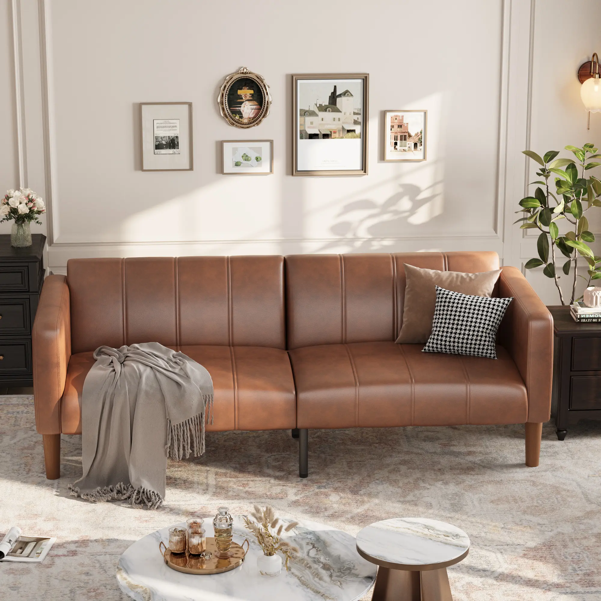 Convertible Futon Sofa Bed 75-Inch – Modern PU Leather Loveseat Couch – Adjustable Backrest, Side Pockets, Space-Saving Sleeper for Small Living Room, Bedroom – Brown