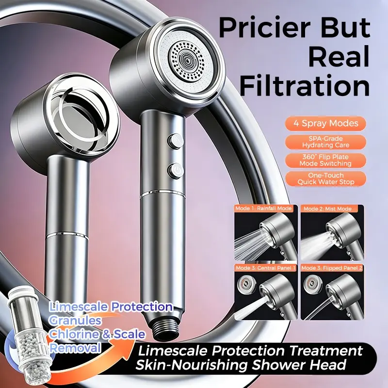 High-Pressure Handheld Shower Head with Antibacterial Filter, 4 Spray Settings, One-Touch Shut Off, Home Use, 1 Piece