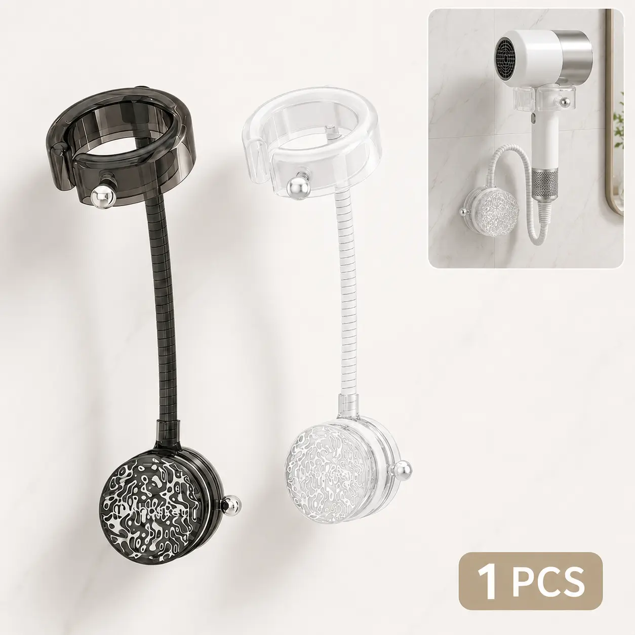 Wall-Mounted Hair Dryer Holder with Suction Cup, 360° Rotatable, Height-Adjustable, No-Drill, Won’t Scratch or Damage Walls Bathroom Organizer for Hair Care & Camping Travel