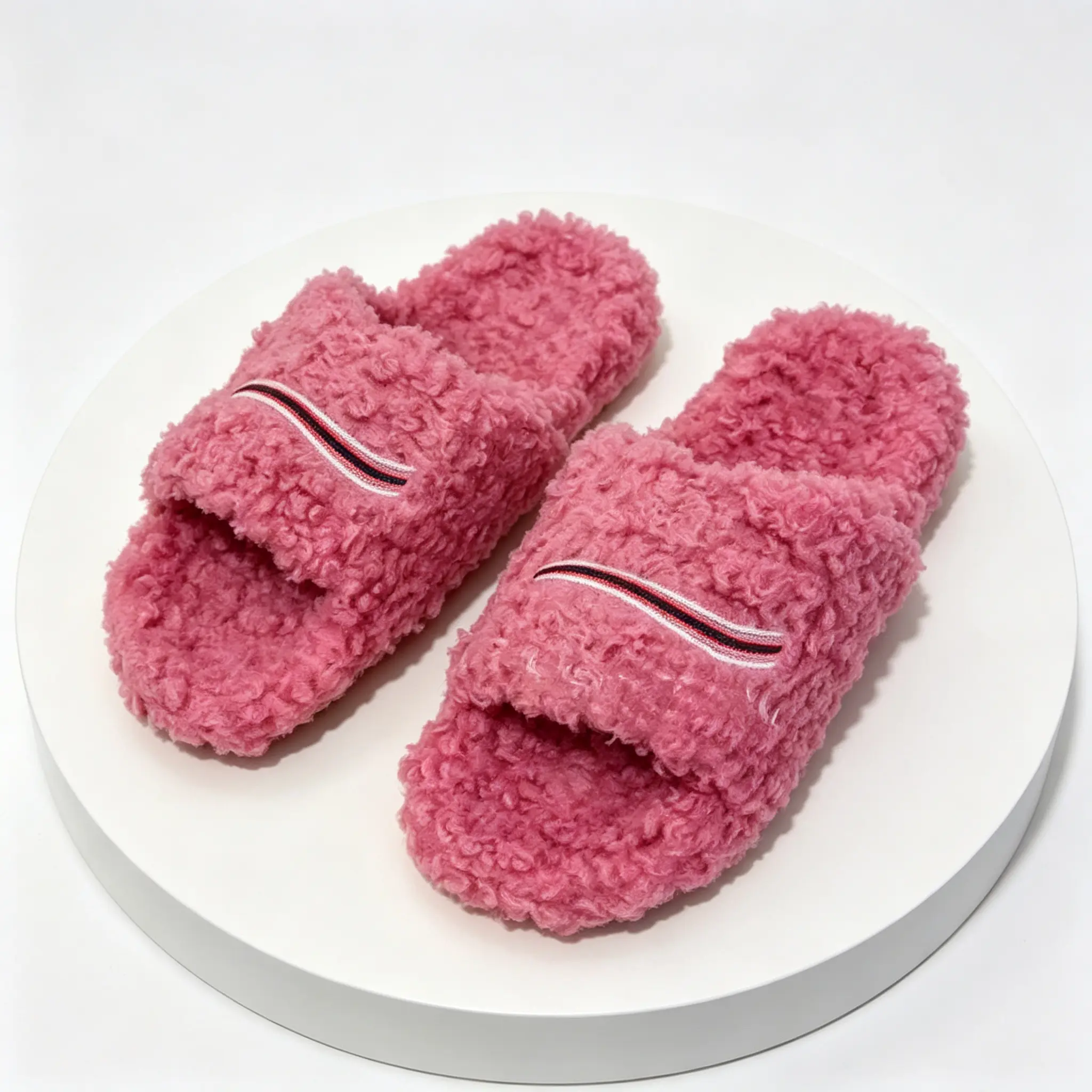 Men Women Fashion Curly Furry Open Toe Plush Slippers Warm Fluffy Striped Slide Sandals Non Slip Indoor Bedroom Loungewear Home Slippers Available In Gray Pink
