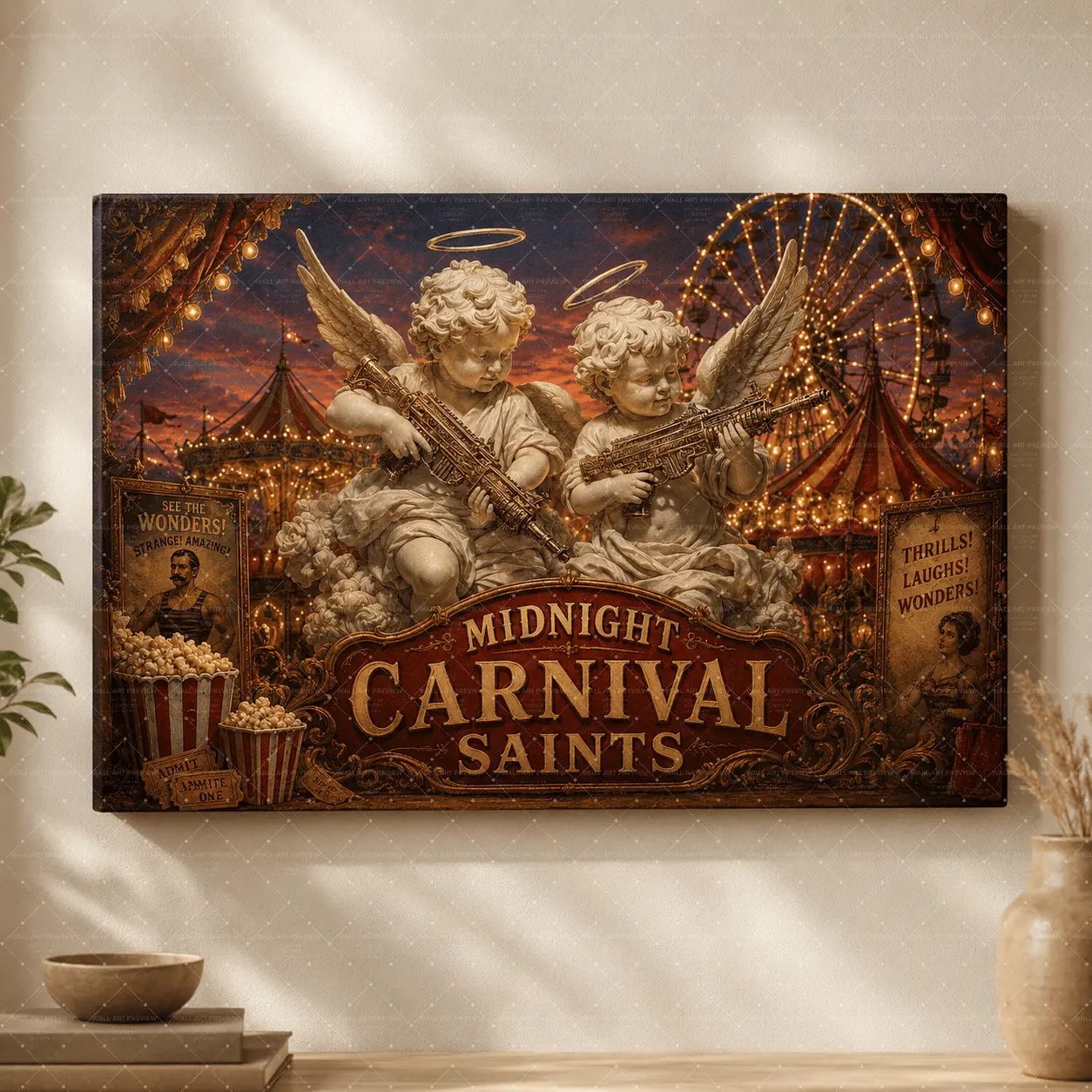 "Midnight Carnival Saints" Vintage Cherub Canvas Wall Art, Warm Sunset & Retro Circus Aesthetic Print, Modern Whimsical Living Room Bedroom Office Decor, Statement Poster Gift,wall decor,poster.