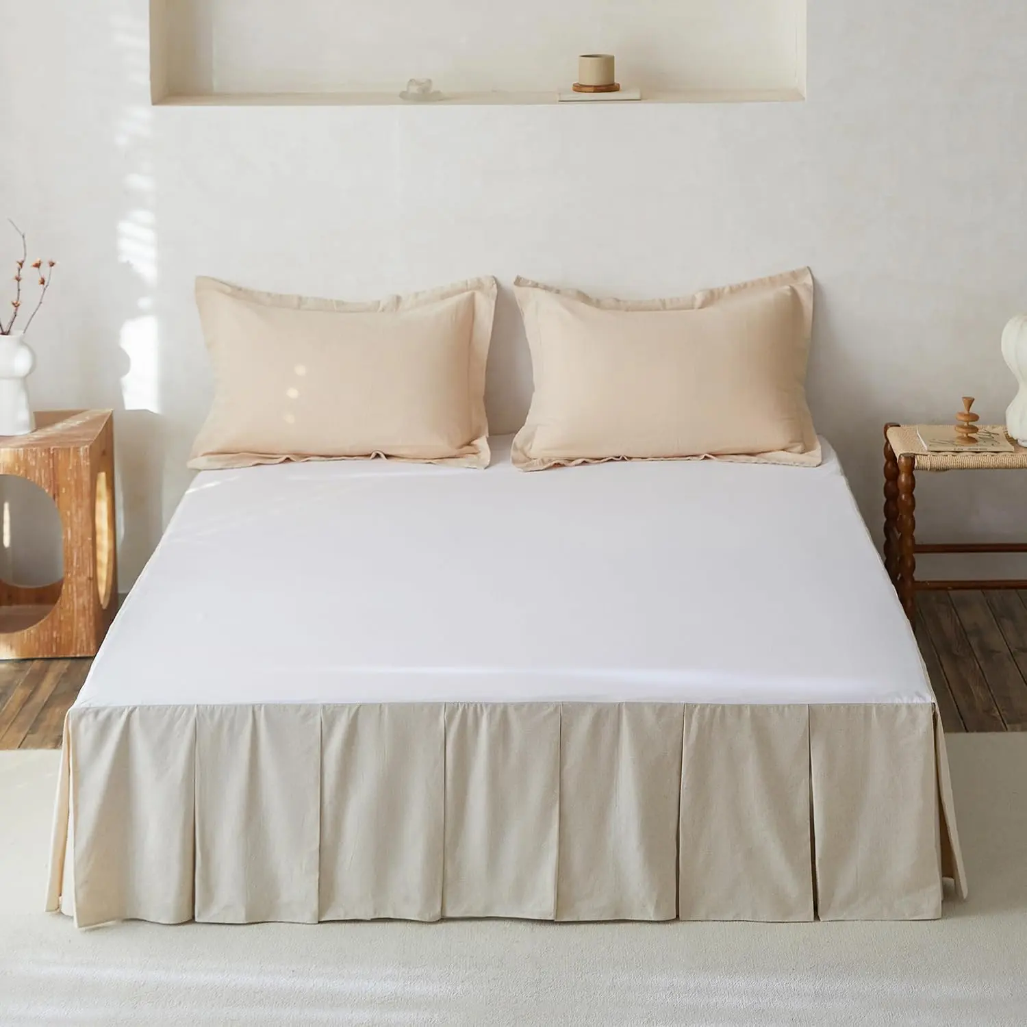 Linen Pleated Bed Skirt, 14" Tailored Draped  Linen- Blend  Dust Border Soft Comfort  Bedding (14" , Linen)