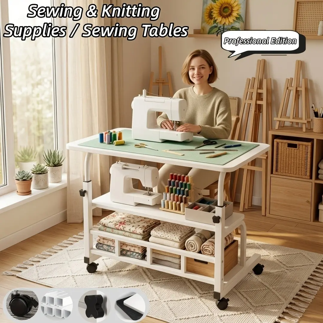 [Recommended Style - Sewing And Knitting Supplies] Multi-Functional Adjustable Height Moving Craft Table/Storage Table - with 4pcs 360° Silent Wheels [Lockable] Moving Handcraft Table, Black/White Available, with Double Shelves