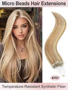 50 Strands Micro Beads Hair Extensions, 20inch Natural Straight Hair, 12 Colors, Add Volume & Length, Synthetic Hair for Women