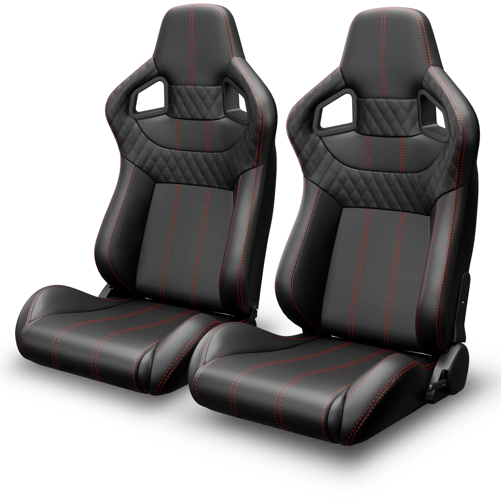 ARCH 2PC Universal Fit Reclinable PVC Leather Racing Seats - Carbon Look Back, Red Stitch, Black, Sliding Adjuster, Driver/Passenger Side, Car Interior Upgrade, Sport Style Cushion Replacement for Most Cars