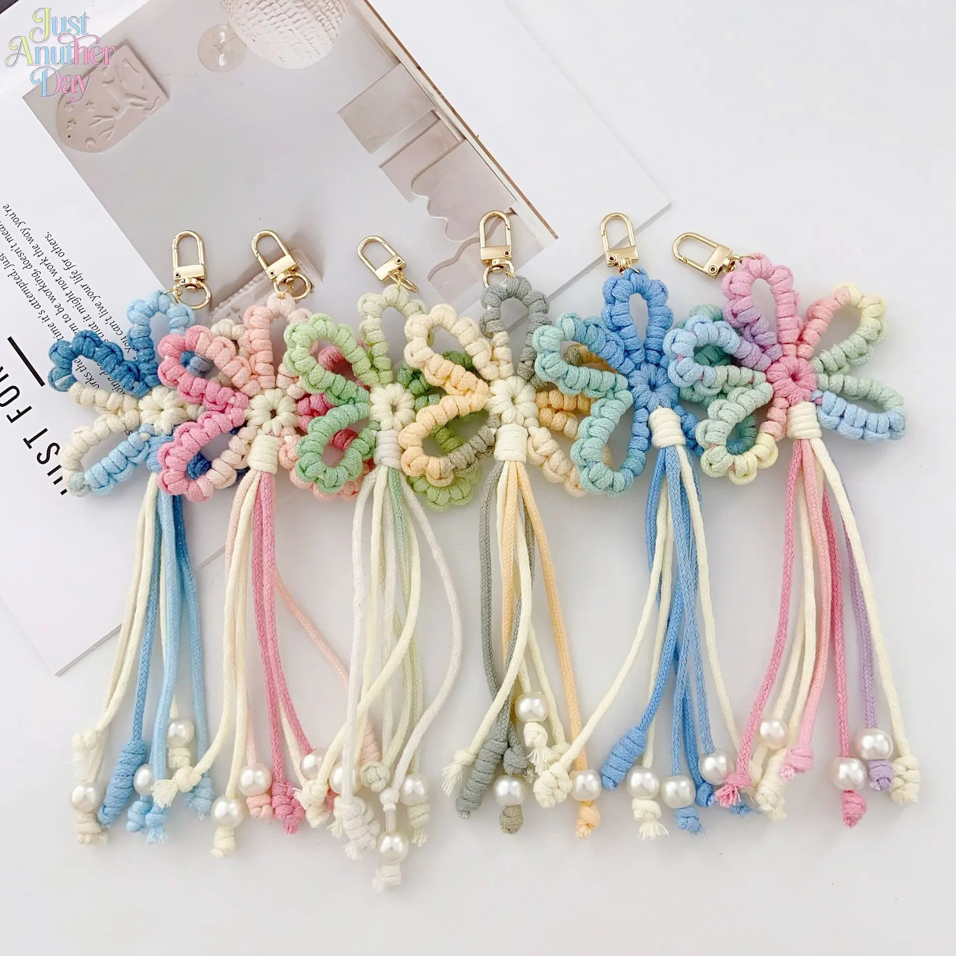 2Pcs Hand-Woven Flower Tassel Bag Charms, Pastel Floral Macrame Keychain with Imitation Pearls, Boho & Cottagecore Style Decorative Accessories for Bags, Keys & Cars