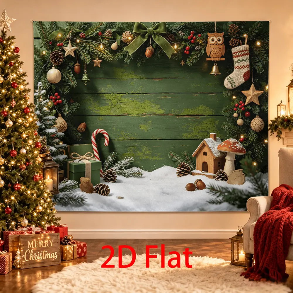 Rustic Green Christmas Backdrop Decoration with Owl, Pine, Stocking, and Snowy Cabin