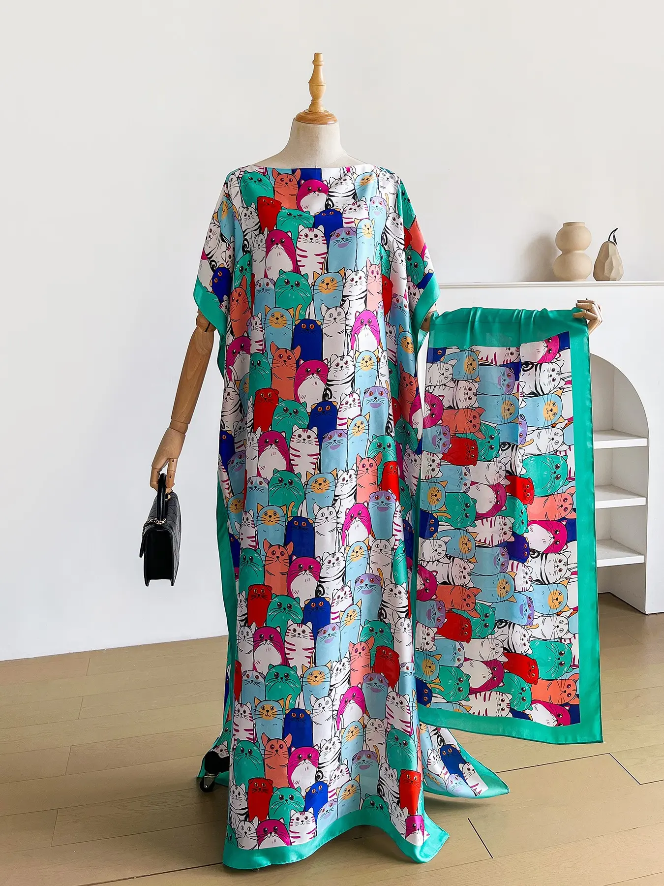 Women's Fashion Cartoon Print Robe Set, Beach Sun Protection Silk Scarf, Long Dress + Headscarf, Casual Summer